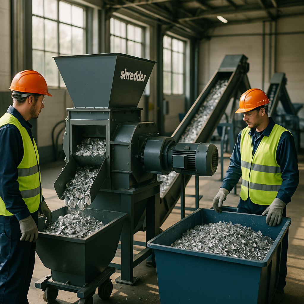 Innovative recycling facility featuring advanced aluminum shredding machines with workers in safety gear in a clean, organized space illuminated by sunlight.