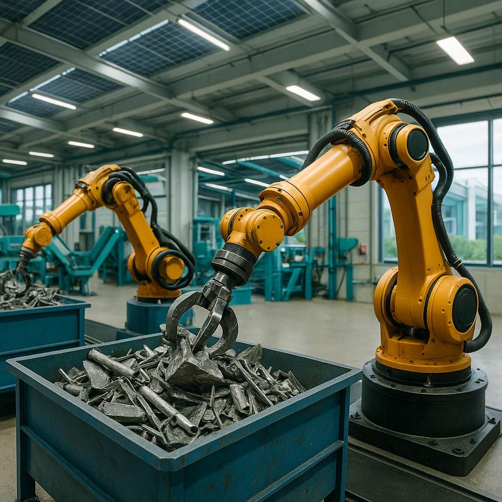 Innovative recycling plant with robotic arms processing metal and solar panels on the roof in a futuristic and clean environment.