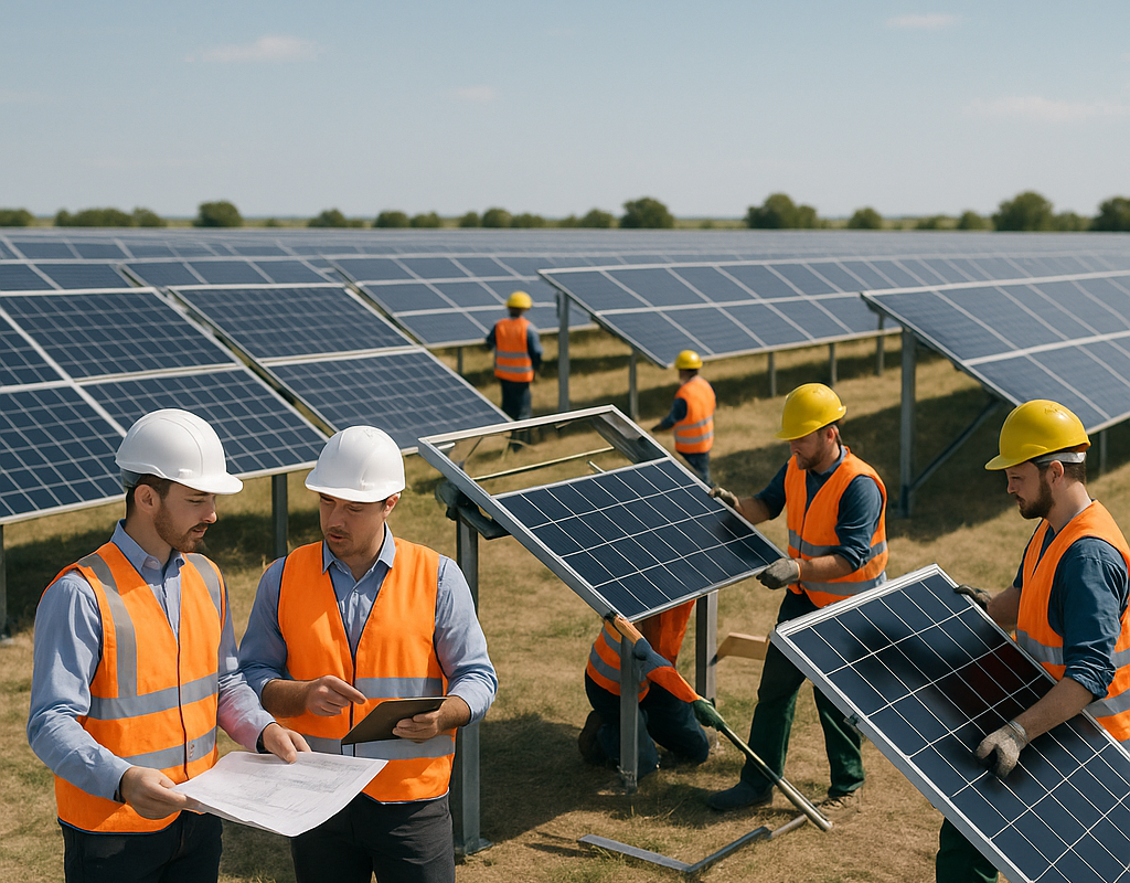 Wide view of an innovative solar farm with panels being removed and new panels being installed, featuring engineers discussing future plans under bright lighting.