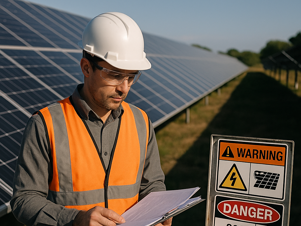 Inspector holding clipboard reviewing paperwork next to a solar farm with visible warning signs and regulation documents under a clear blue sky.