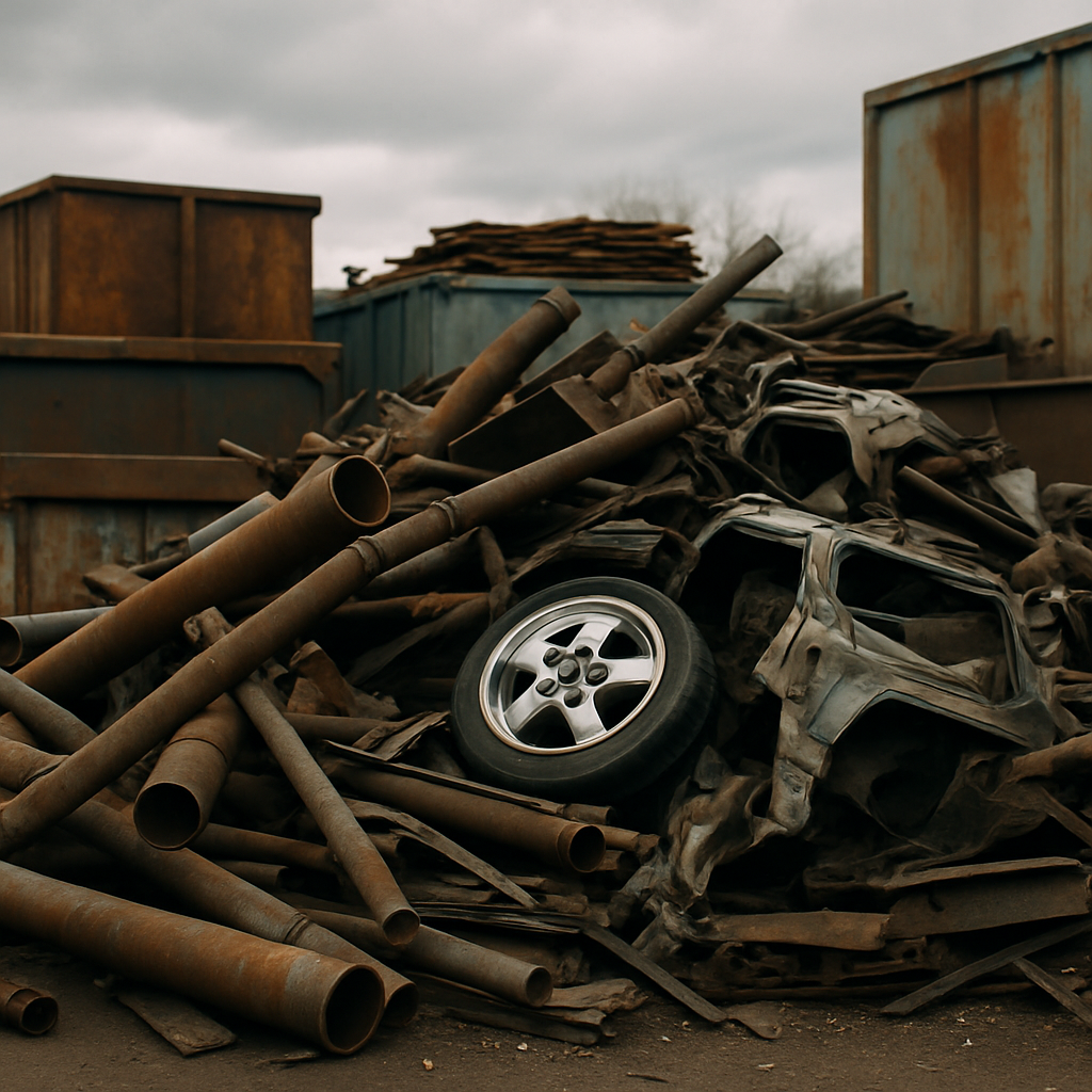 A pile of iron and steel scrap materials, including pipes, car parts, and beams, at a recycling yard under an overcast sky.