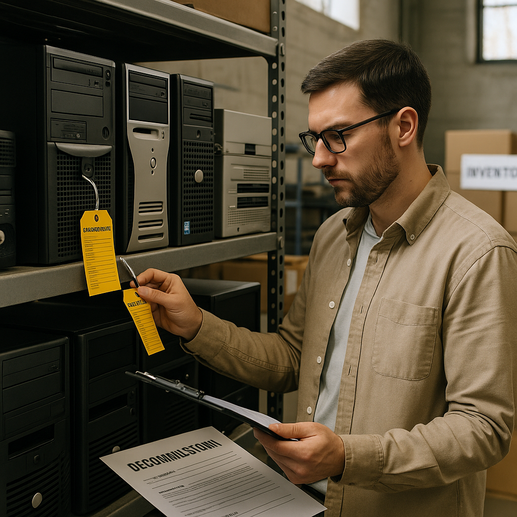 IT Manager Organizing Computer Inventory IT manager reviewing inventory of old computers and servers in a warehouse, organizing tags and documents for decommissioning.