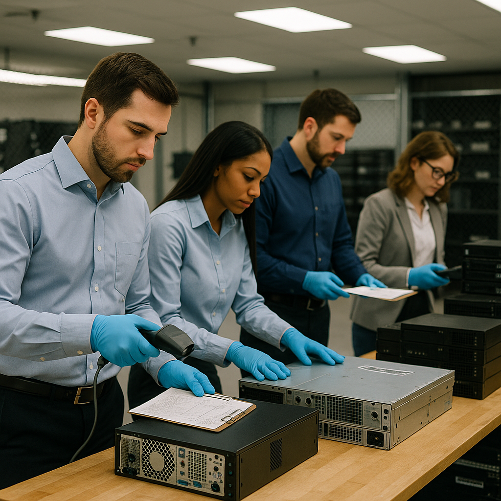 Decommissioned Computer Sorting in a Secure Facility IT professionals sorting and inspecting decommissioned computers and servers in a secure facility