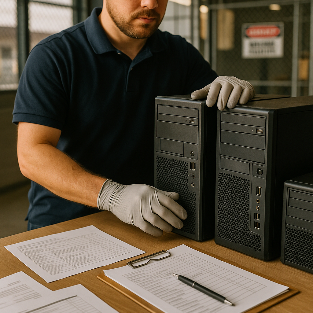 IT Technician Securing Old Computers IT technician in gloves preparing to secure and dispose of old office computers amidst paperwork and checklists in a secure facility.