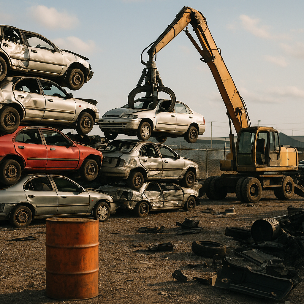 A junkyard with stacked crushed cars and an industrial crane lifting a vehicle under sunlight.