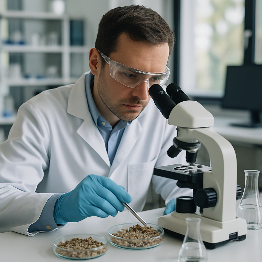 Lab technician wearing gloves analyzing samples of shredded waste with scientific instruments on a clean lab table.