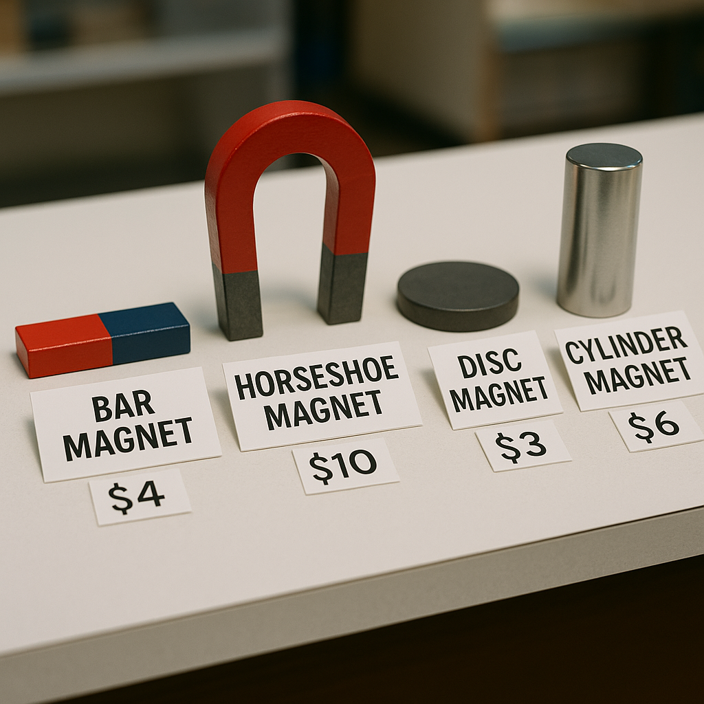 Types of Magnets with Price Signs Different types of magnets labeled and arranged side by side on a white table with price signs next to each magnet, captured in bright lighting.