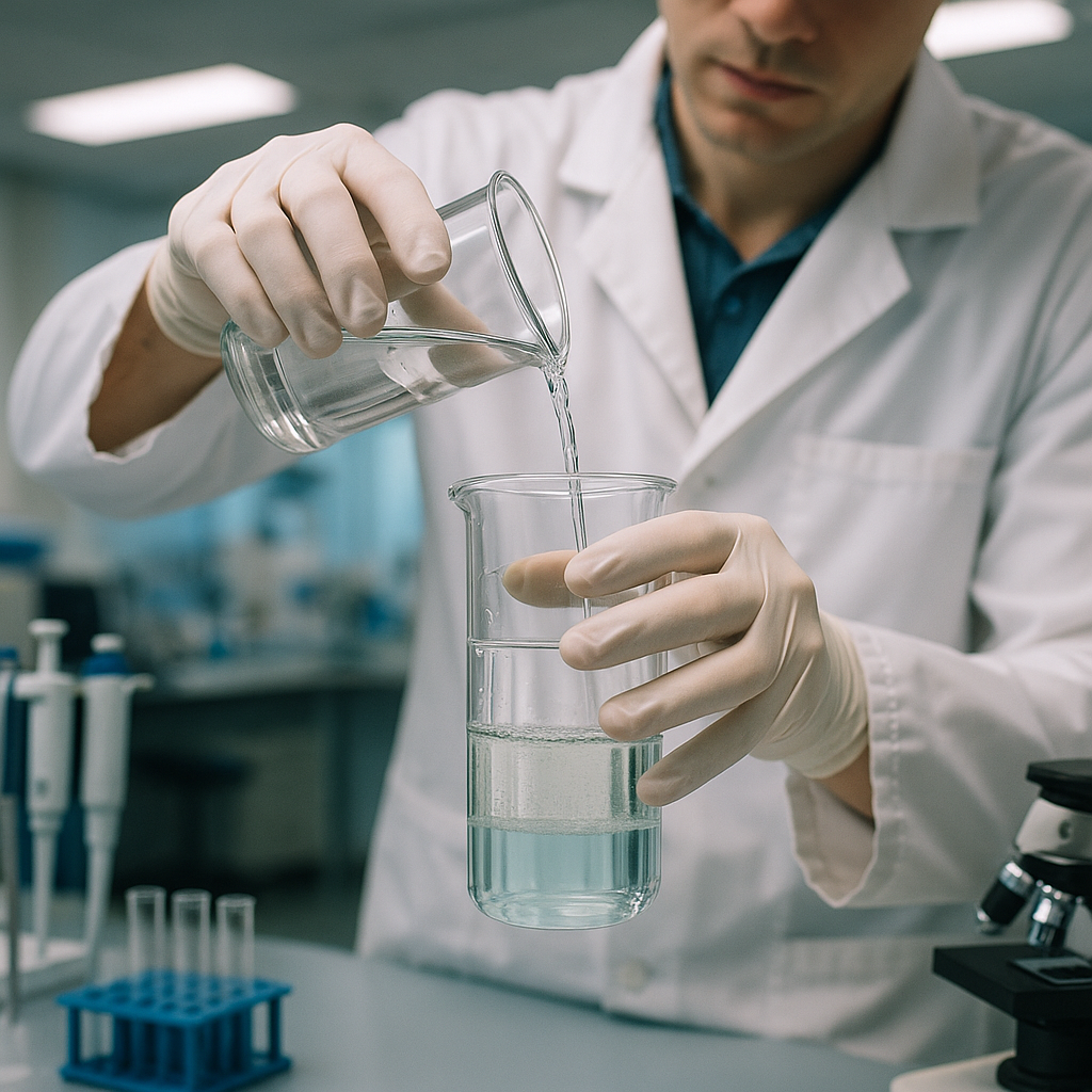 Close-up of a laboratory technician pouring liquid from one glass beaker to another, with two layers of liquids visibly separating, surrounded by lab equipment.