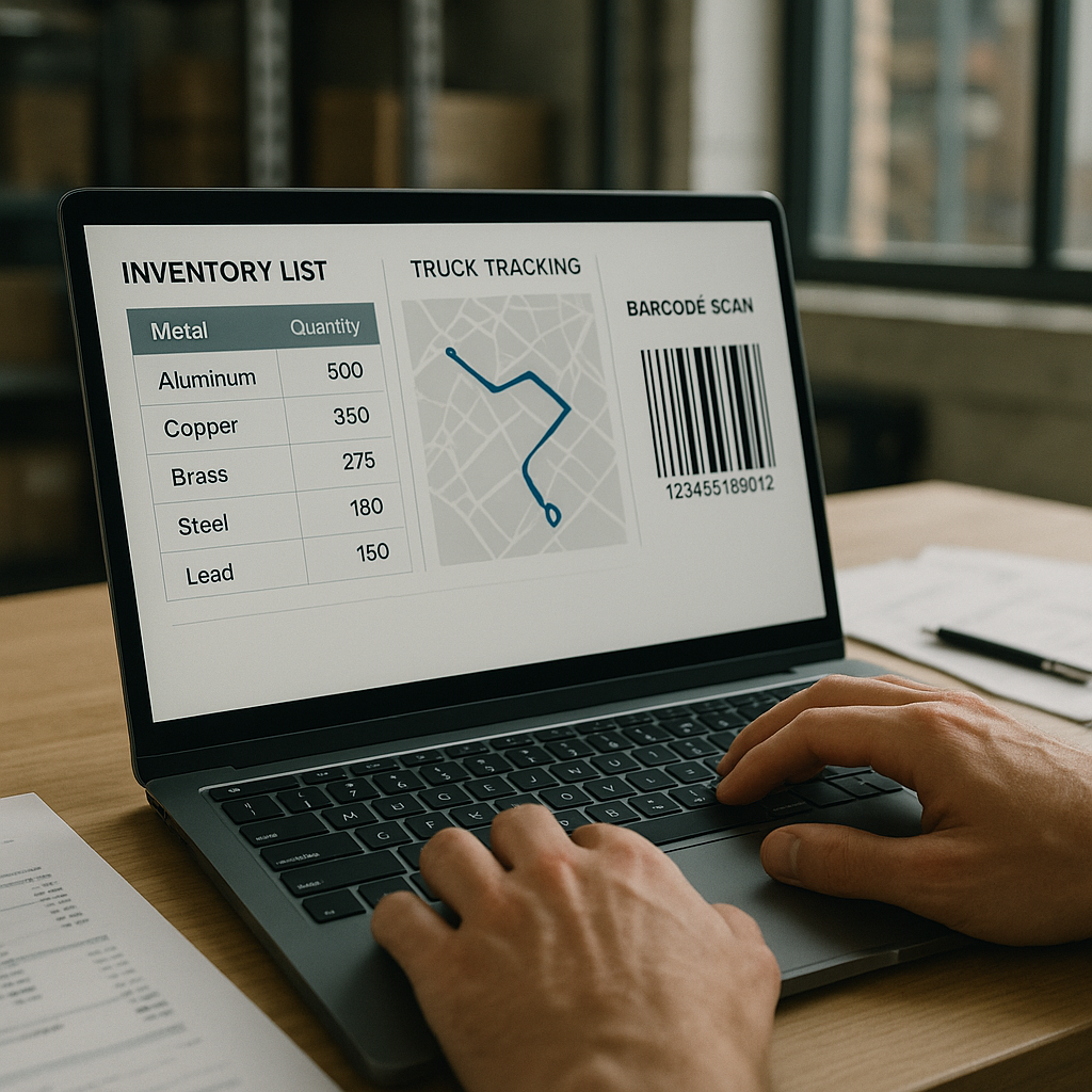 Close-up of hands using a laptop with a dashboard displaying inventory lists, truck tracking map, and barcode scanning in a warehouse office.