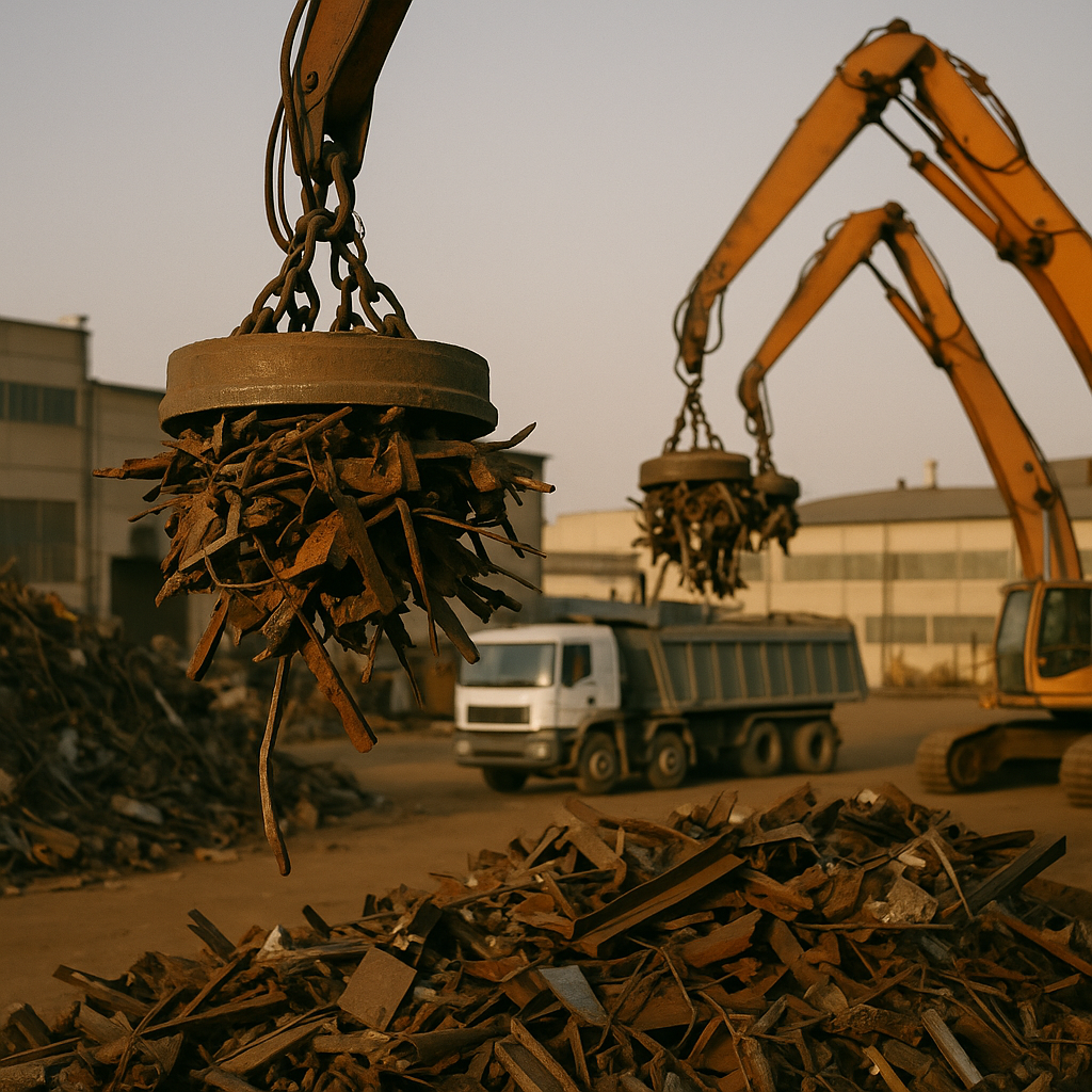 Large scrapyard with cranes using heavy-duty magnets to lift metal, trucks and factory buildings visible in the background.