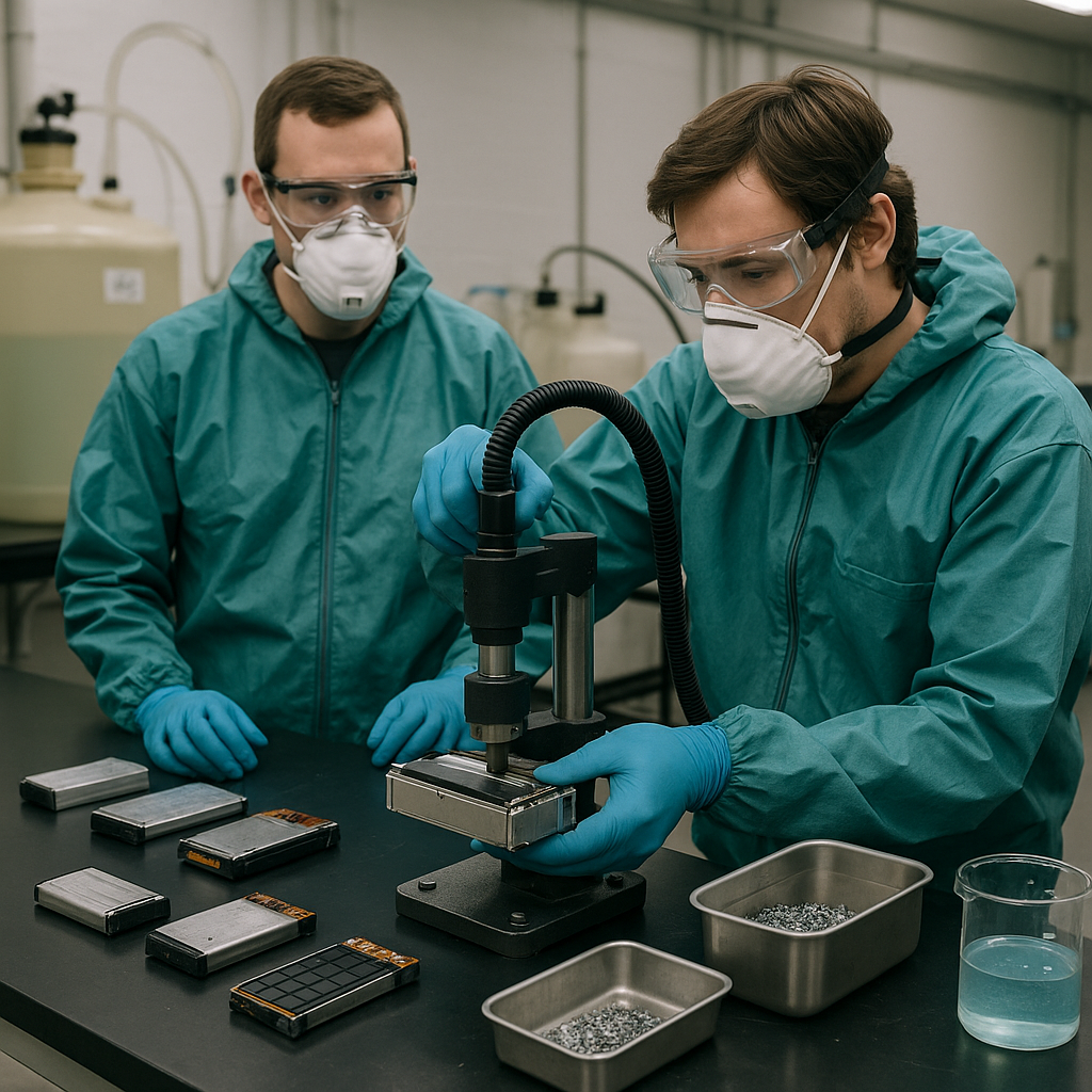 Technicians in protective gear operating equipment to dismantle used lithium batteries in a laboratory.