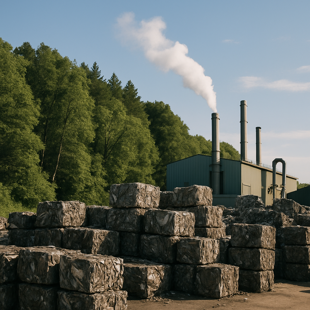Lush green forest adjacent to a recycling plant with clean vapor emissions and stacks of recycled metal under a clear blue sky.