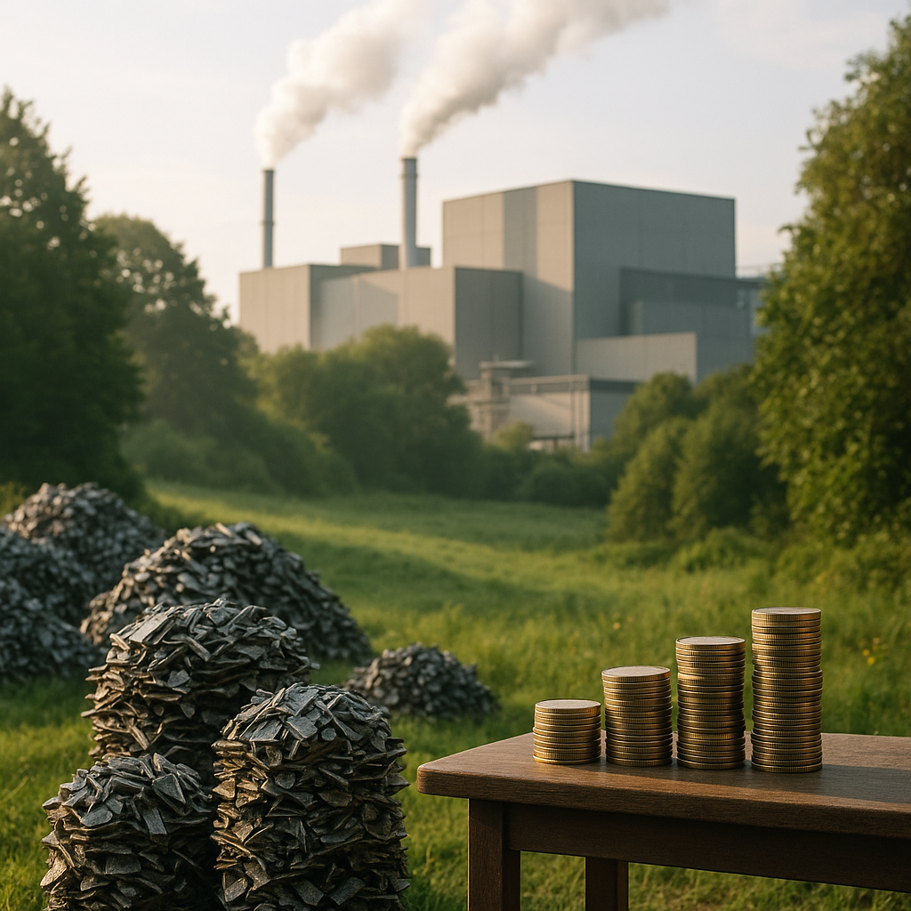 Lush green landscape next to a factory emitting clean vapor with piles of recycled metal and coins stacked on a table, sunlight filtering through.