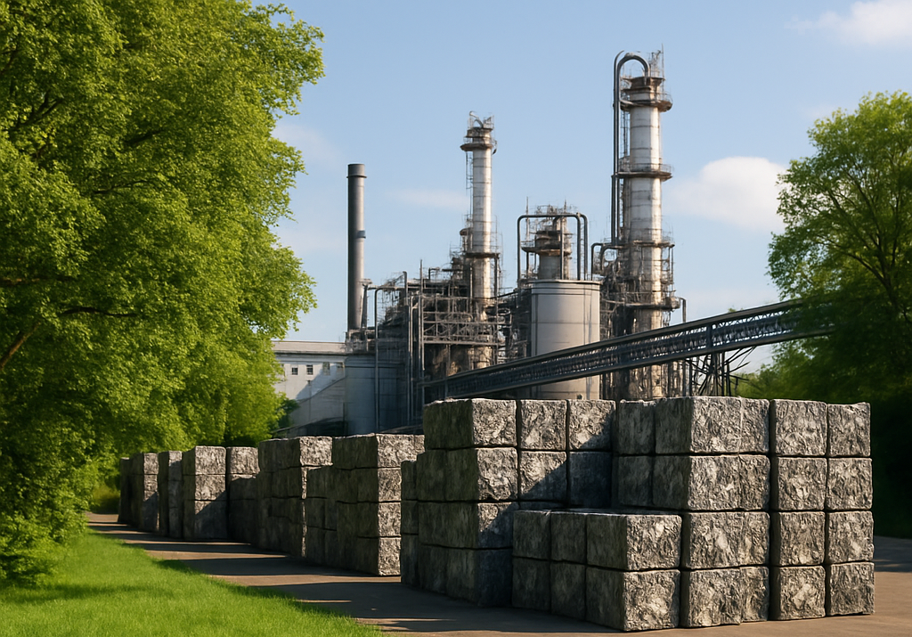 Lush green landscape beside an industrial plant with organized metal bales, clear skies, healthy trees, and coin stacks in the foreground.
