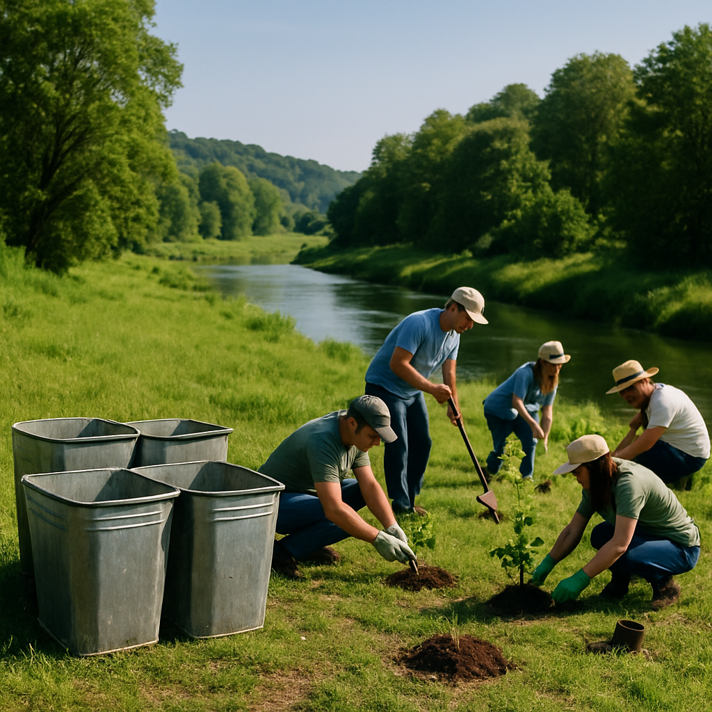 Lush green landscape with a clean river and blue sky, featuring recycled metal bins in the foreground and people planting trees nearby.