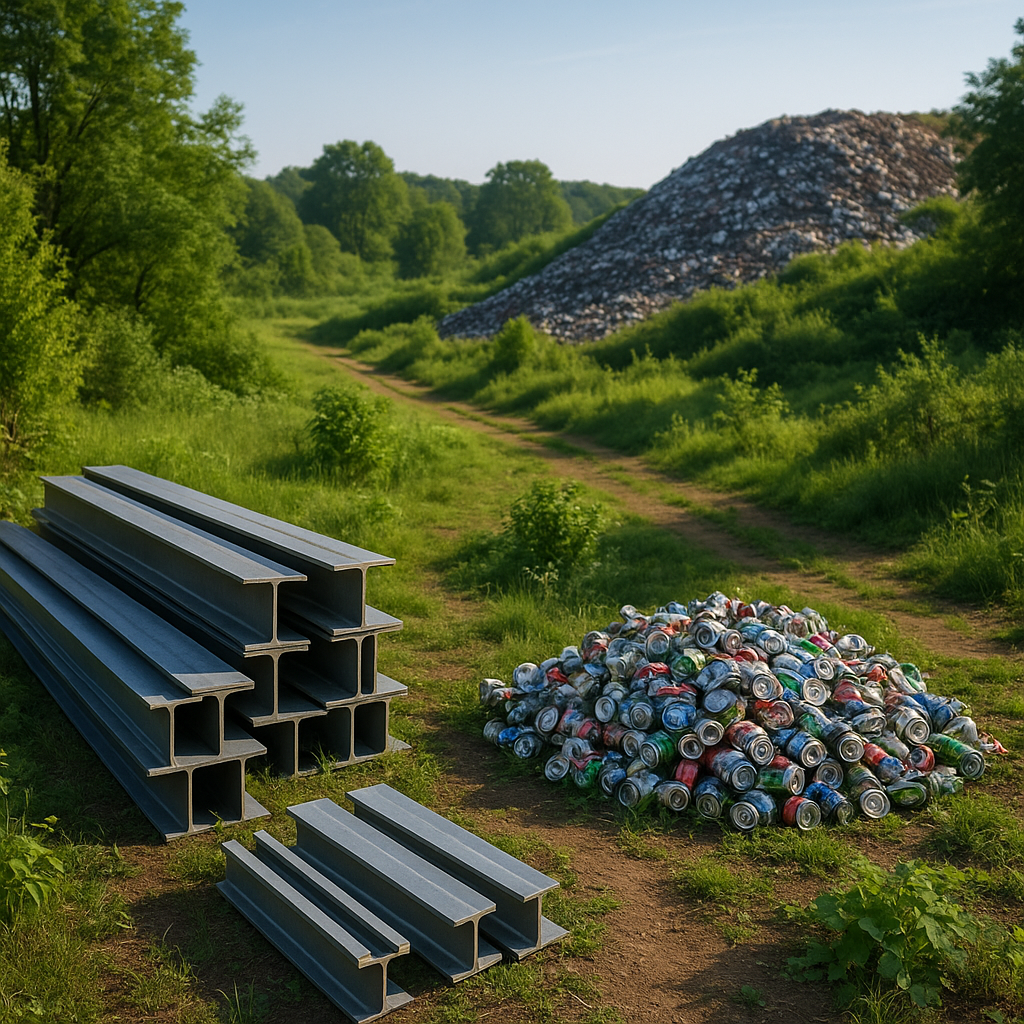 Lush Green Landscape with Recycled Metal Products Lush green landscape featuring recycled metal products including steel beams and aluminum cans beside a reduced landfill site under a clear blue sky.