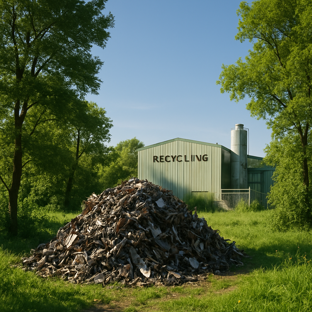 Lush green landscape featuring a recycling facility in the background, with a blue sky, thriving trees, and a pile of recycled metal in the foreground.