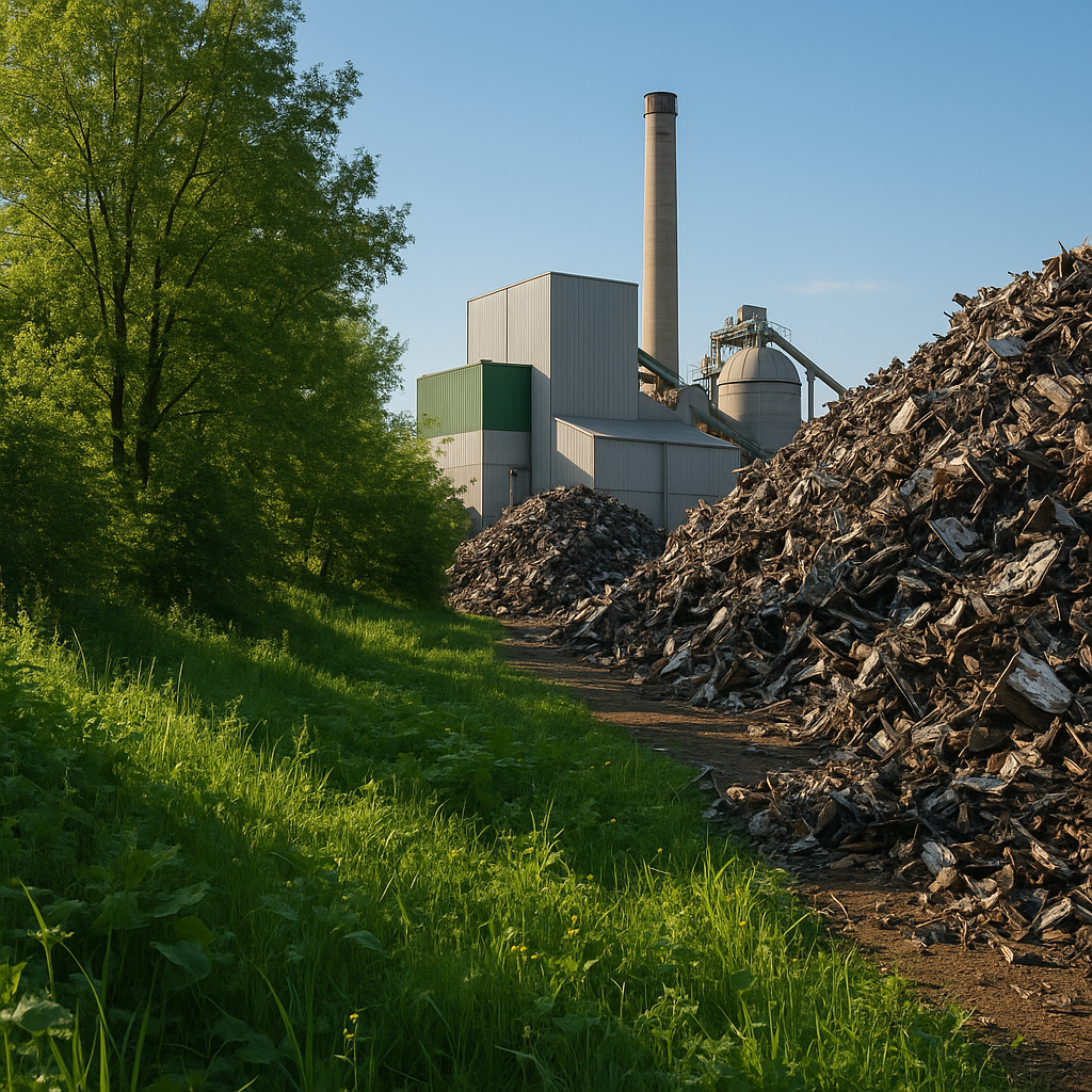 Lush green landscape beside a recycling plant with a clear blue sky in the background, showcasing the contrast between reduced waste metal and thriving nature.