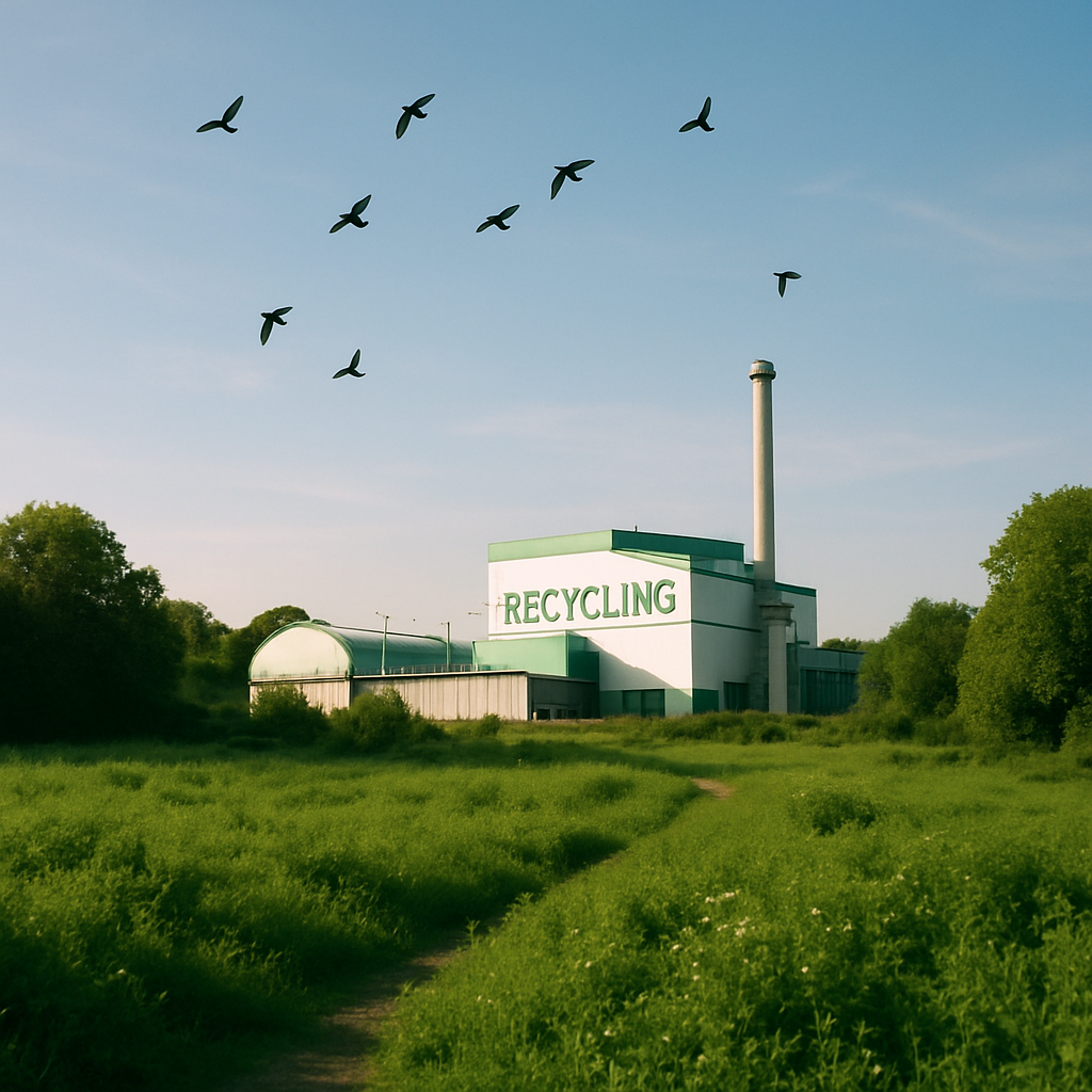 Lush green landscape next to a clean recycling plant under a clear blue sky with birds flying and no visible pollution.