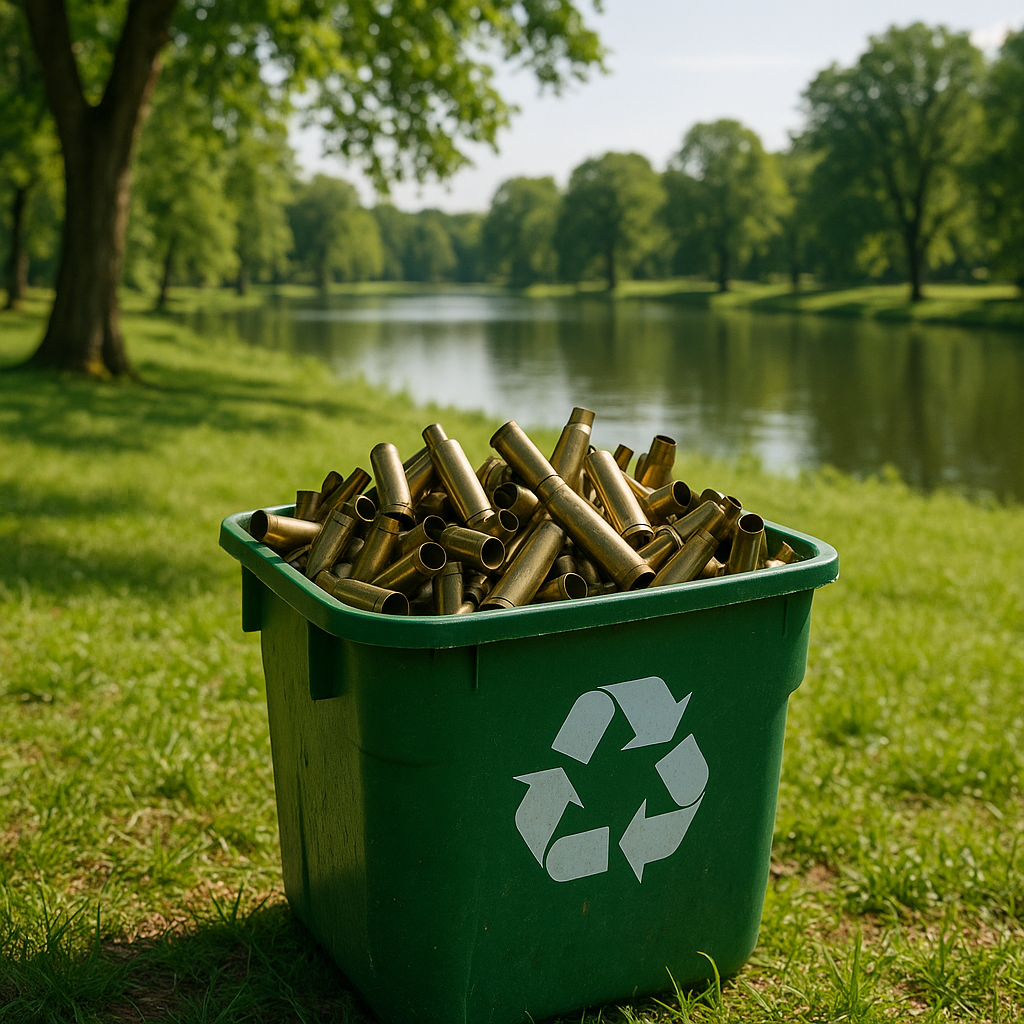 Lush green park with a clean lake in the background and recycling bin with brass scrap, under a clear sky.
