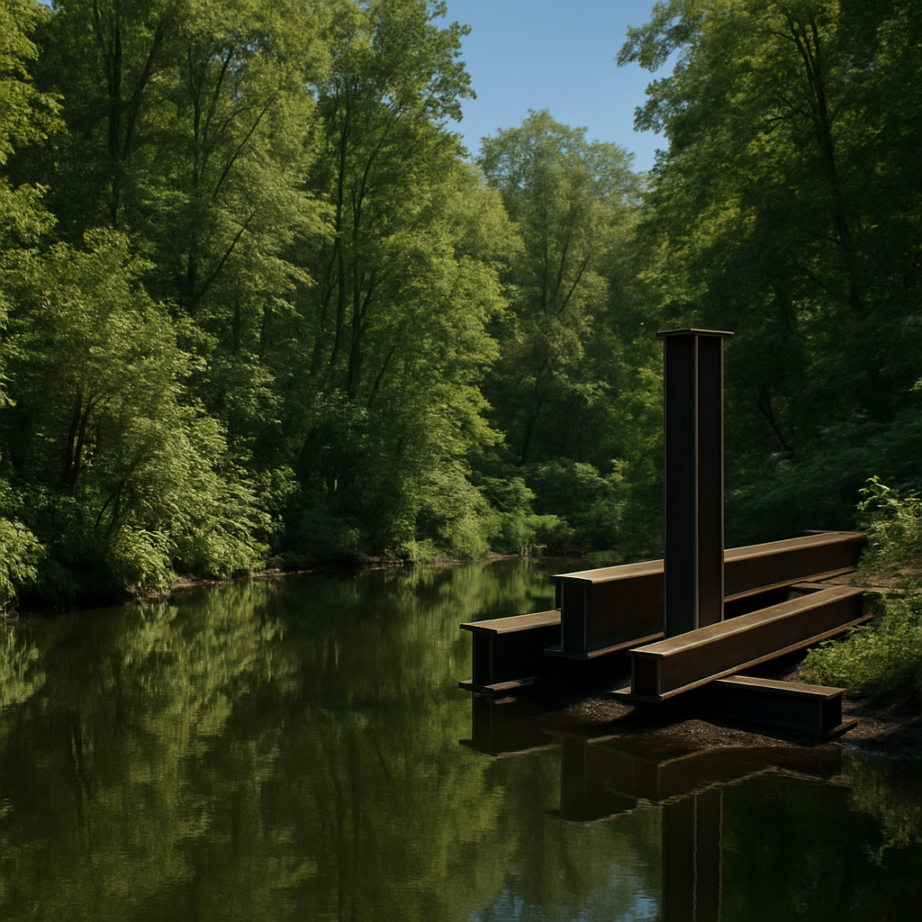 Lush forest reflected in clear water beside repurposed steel beams under a blue sky, showcasing harmony between industry and nature.
