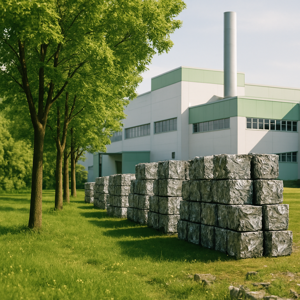 Lush green landscape outside a factory with recycled metal products neatly stacked beside trees, emitting no visible pollution.