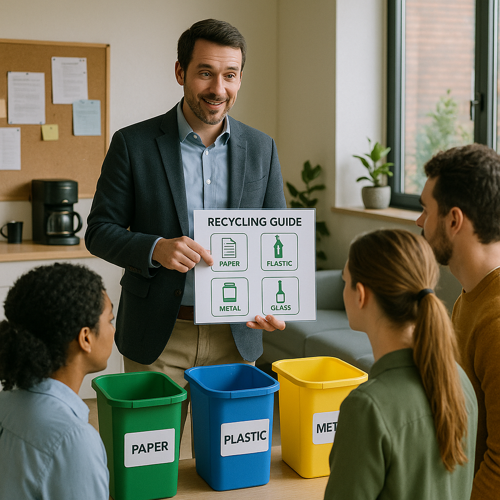 Office Recycling Training Session Manager holding a recycling guide with training employees around color-coded bins in an office break room.