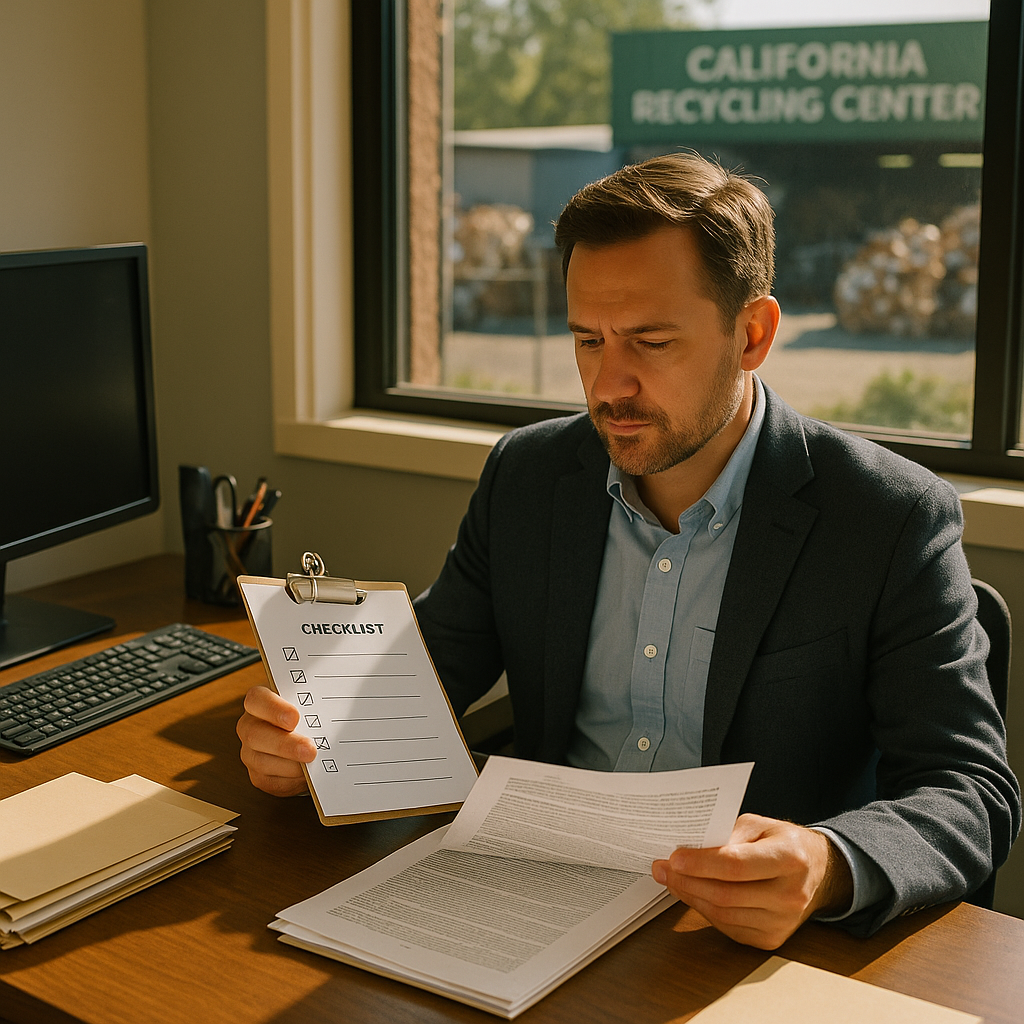 Manager reviewing checklist and legal documents at desk with California recycling center in the background, showcasing a thoughtful and organized atmosphere.