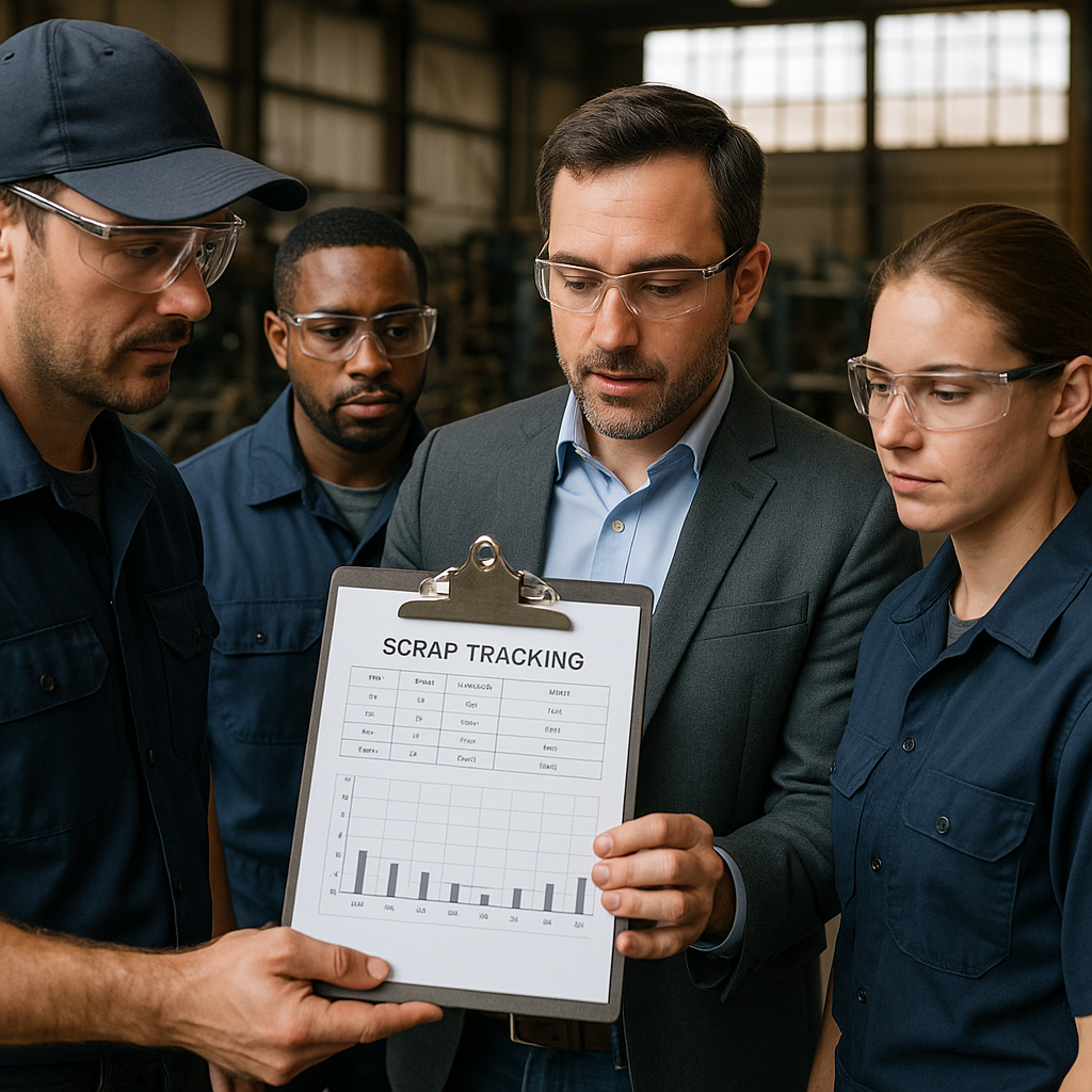 Manager and team reviewing a scrap tracking chart on a clipboard while inspecting an organized scrap area in a metal workshop