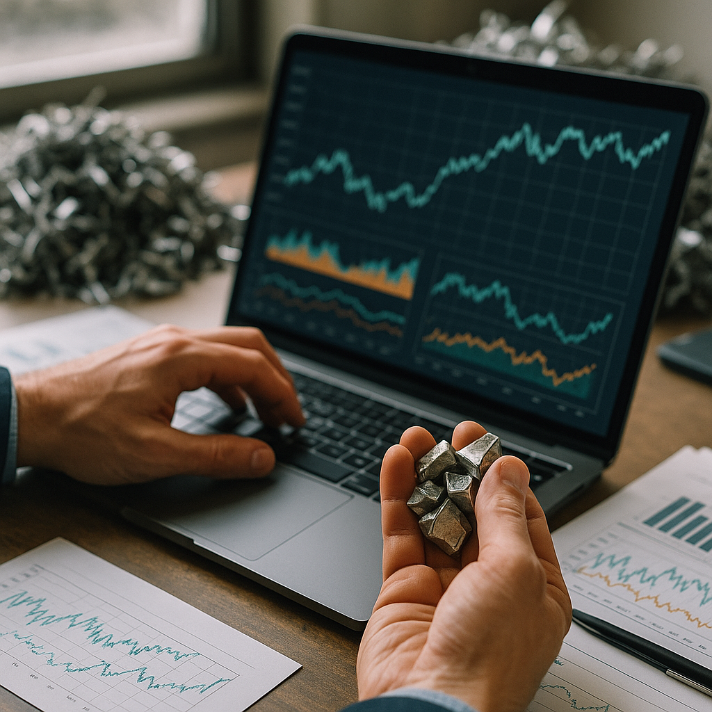 Close-up of market analyst hands examining graphs on a laptop and inspecting metal scrap samples with stainless steel scrap piles and price charts in the background.