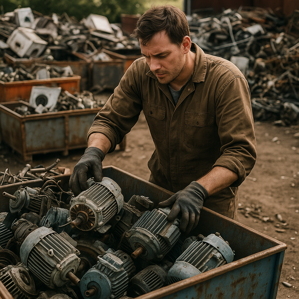 Mechanic searching through bins of discarded appliances and machinery in a scrapyard for electric motors under daylight.