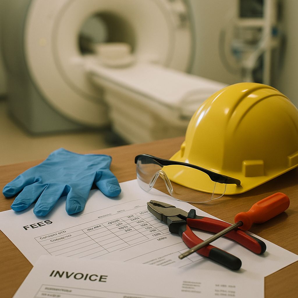 Close-up of paperwork listing fees and invoices alongside tools and protective gear near an MRI machine in a medical facility.