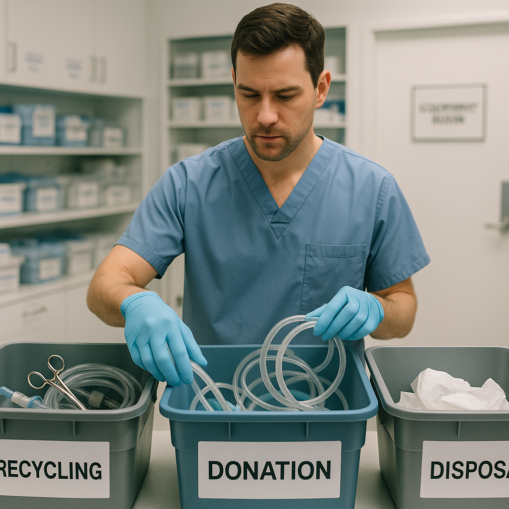 Medical technician sorting used hospital equipment into labeled bins for recycling, donation, and disposal in a clean facility with bright lighting.