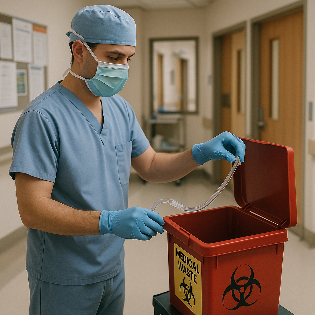 Staff member wearing gloves and mask placing medical device into secured, clearly marked disposal bin in hospital setting.