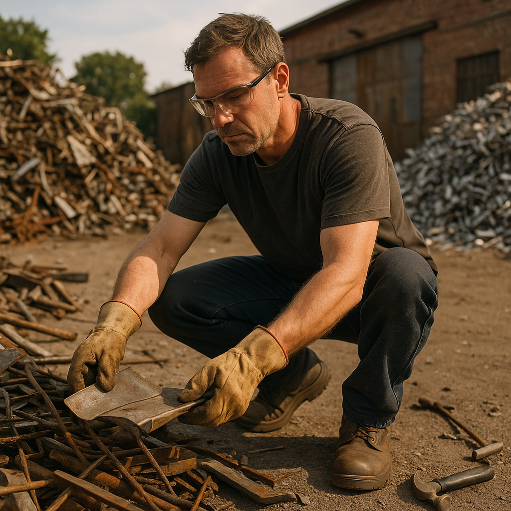 A metal collector wearing safety gloves, goggles, and boots, carefully handling metal scraps at a recycling yard.