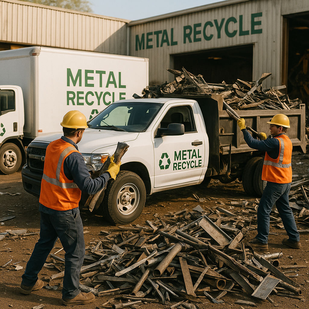 Exterior view of a metal recycling facility with branded trucks and workers loading metal scraps.