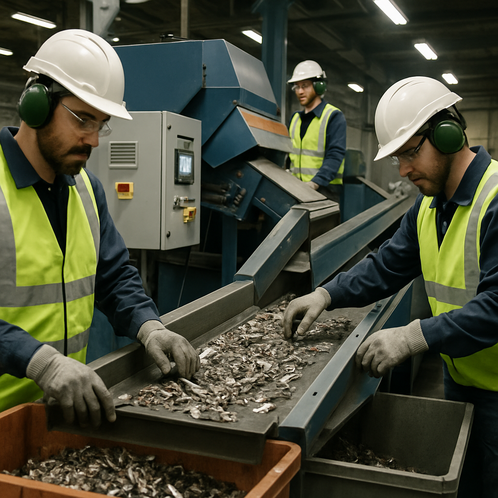Advanced Sorting in Metal Recycling Plant Workers operating advanced sorting machinery in a modern metal recycling plant.