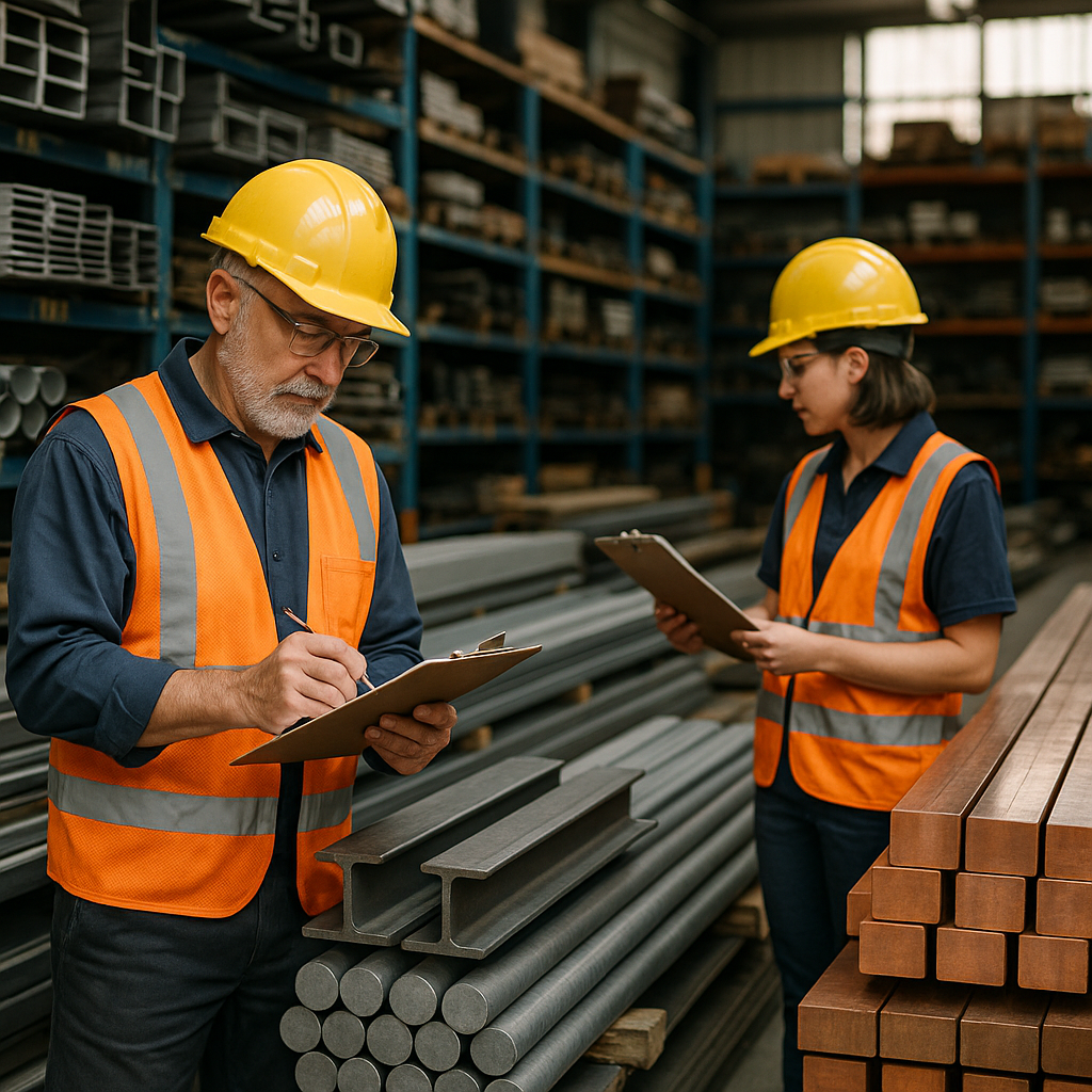 Workers inspecting organized stacks of steel, aluminum, and copper in a metal warehouse with industrial shelves in the background.