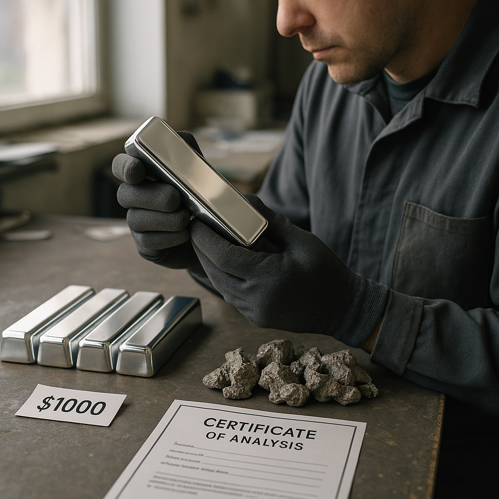 Side-by-side comparison of shiny, refined metal bars and dull, unpurified scrap, with hands holding a polished ingot, price tags and quality certificates nearby.