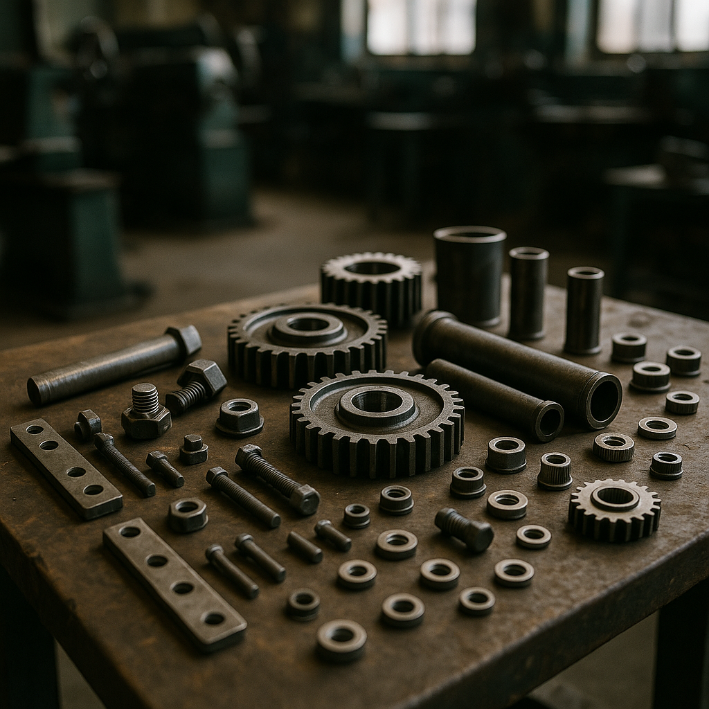 A variety of metal components including gears, bolts, brackets, and pipes neatly arranged on a workshop table under natural industrial lighting.