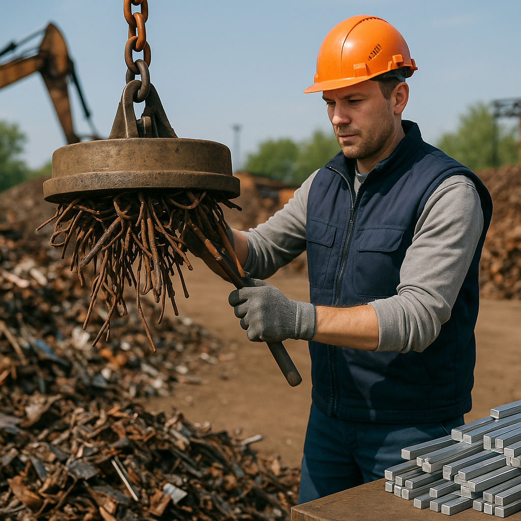 Efficient Metal Debris Sorting with Magnet Efficient sorting of metal debris using a powerful magnet in clear daylight.