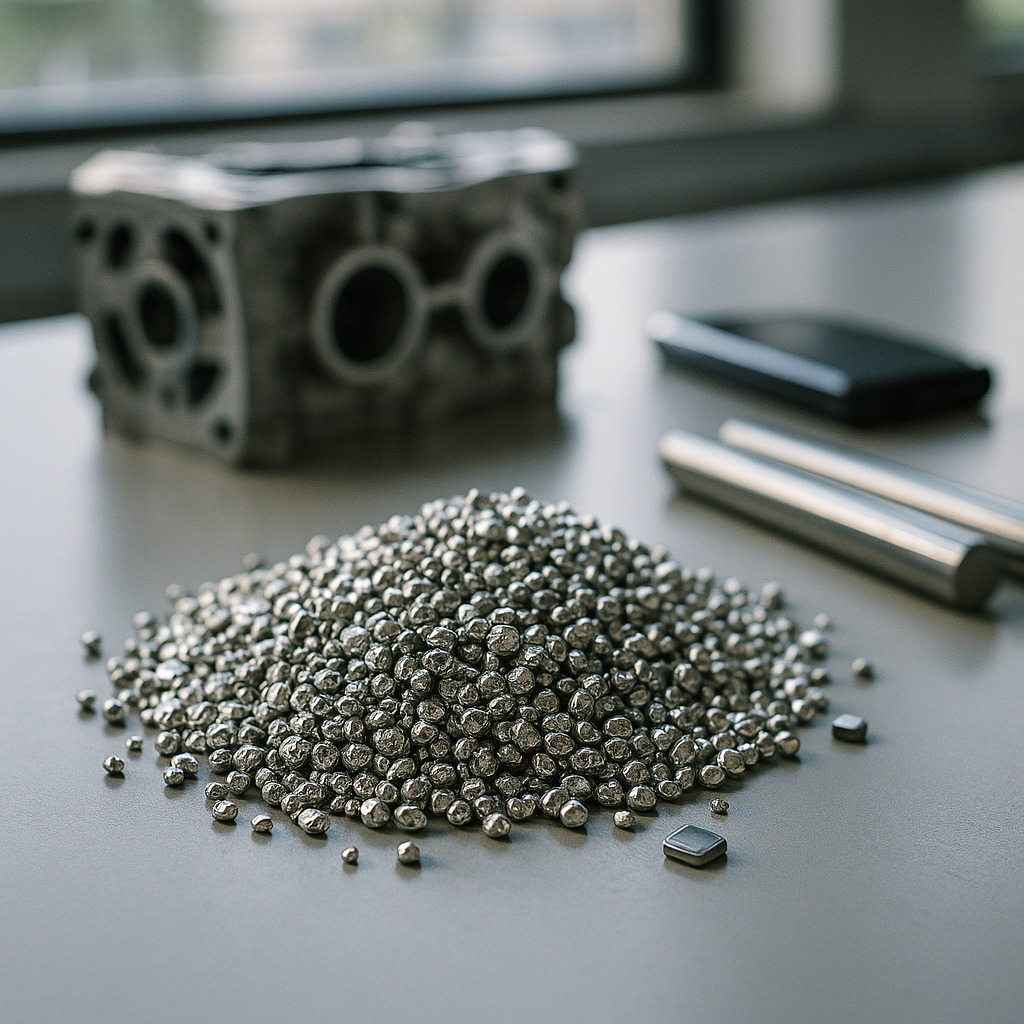 A pile of shiny metal granules on a lab table with various finished products in the background, including car engine parts, metal rods, and electronic devices.