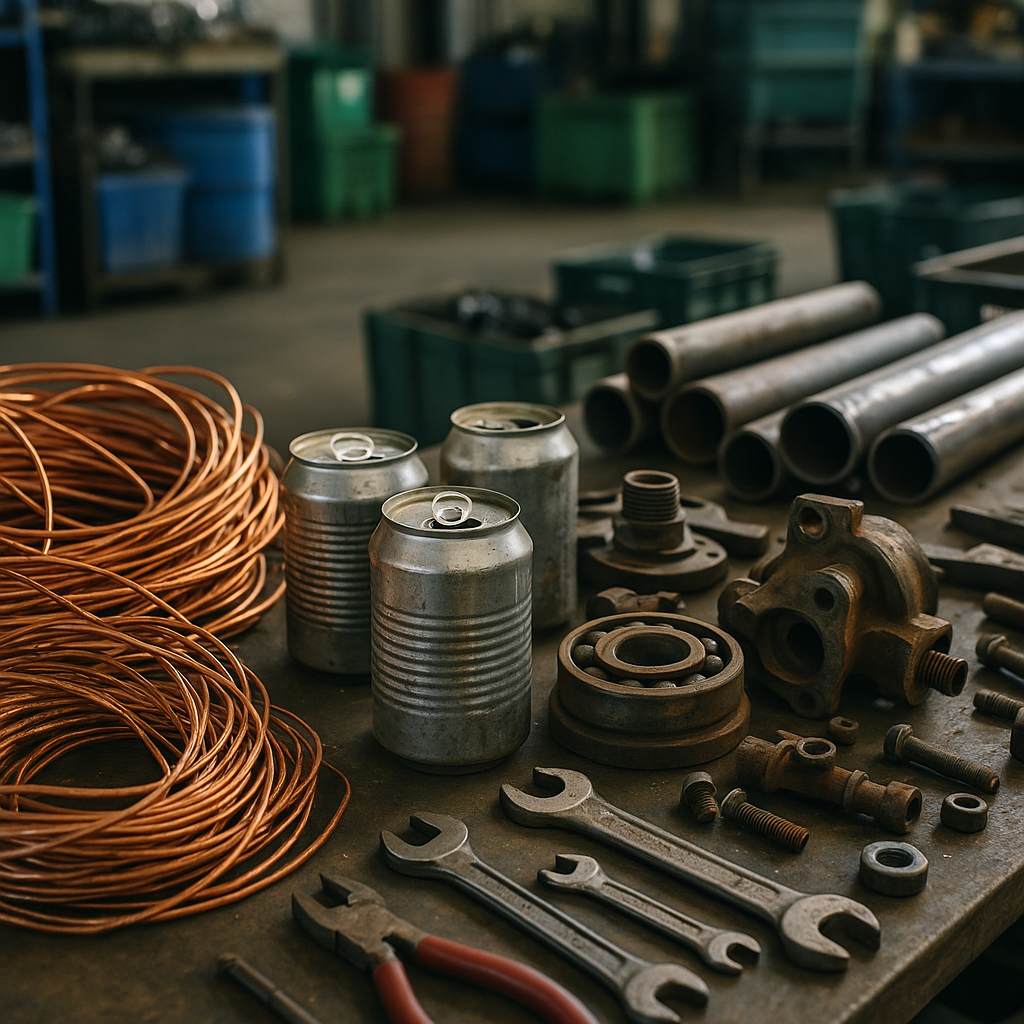 A variety of metal objects arranged on a large workbench in a recycling center, including copper wires, aluminum cans, steel pipes, and old machinery parts.