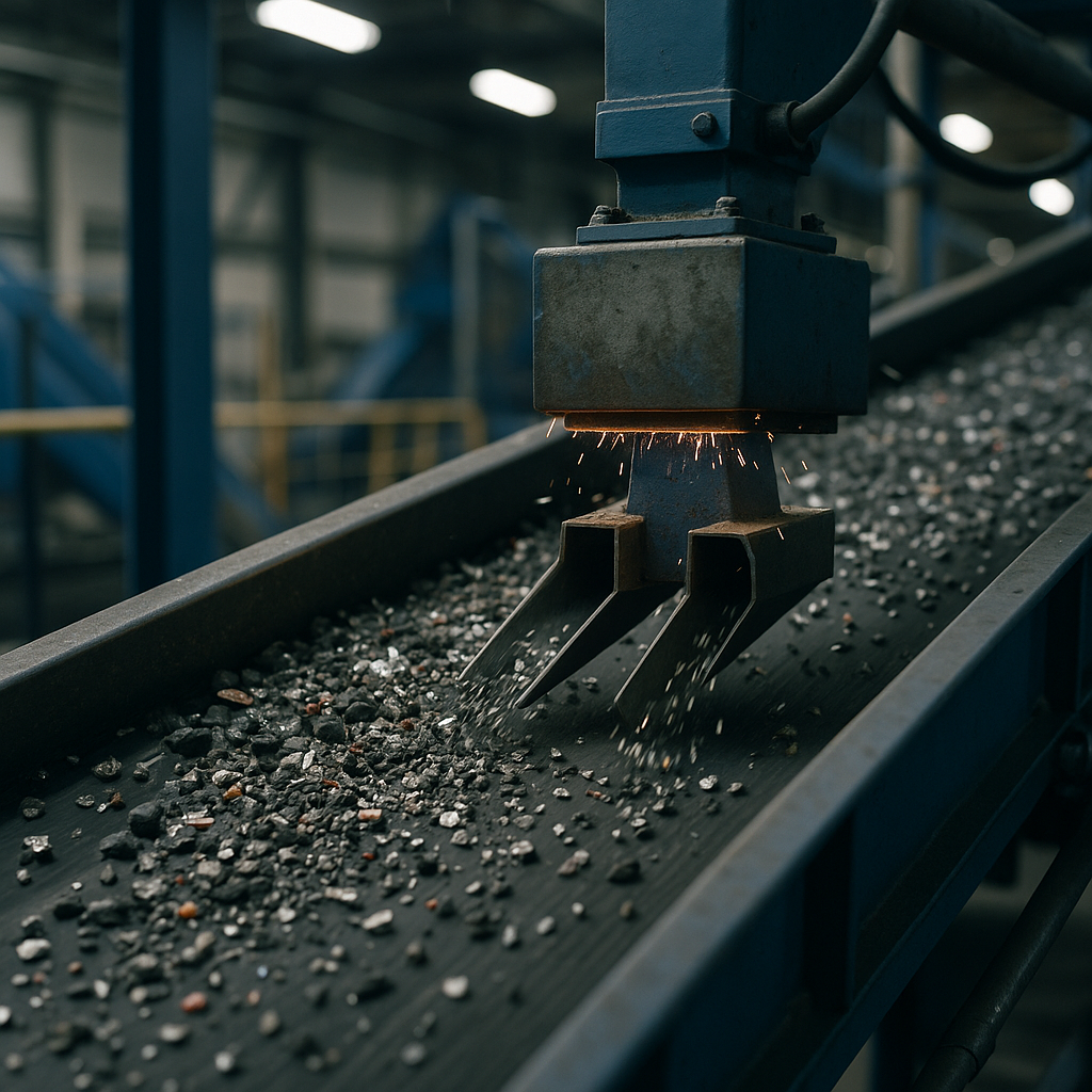 Close-up of metal and plastic fragments on a moving conveyor belt with sparks from an electrostatic separator in a modern recycling plant.