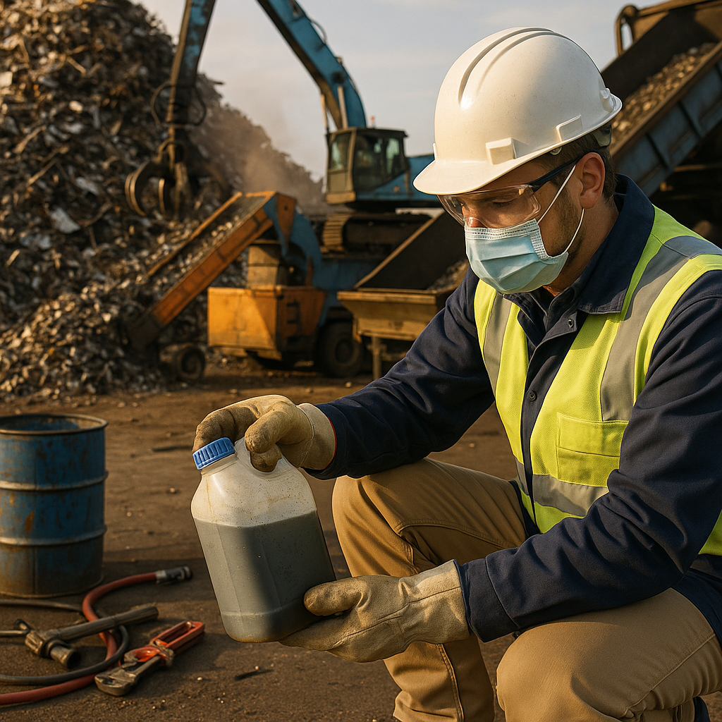 Side-by-side view of a thriving metal recycling plant and a technician inspecting contaminated waste liquid.