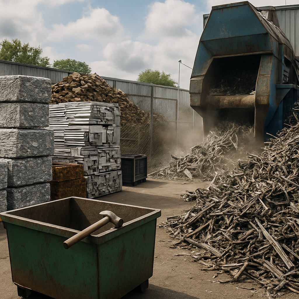 A split scene depicting metal recycling: on the left, organized piles of recycled metal; on the right, a chaotic area with tangled scrap metal and dust around a shredder.