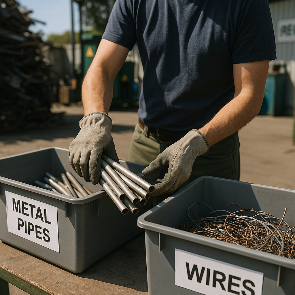 Person in safety gloves carefully separating different metal pipes and wires into labeled bins at recycling facility