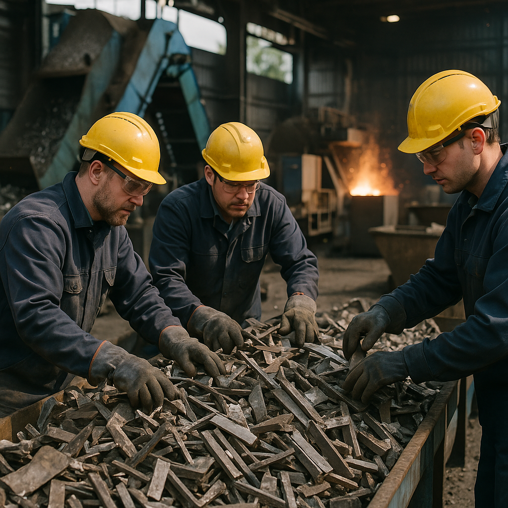 Workers in protective gear sorting and processing metal scrap at a recycling facility with machines shredding and melting steel
