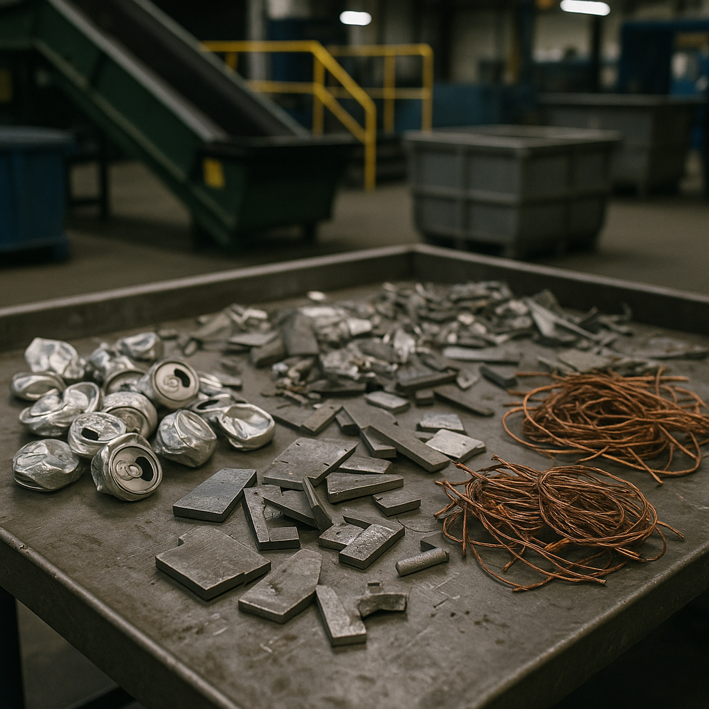 A variety of metal scraps including aluminum cans, steel pieces, and copper wiring laid out on a sorting table in a recycling facility under bright lighting.