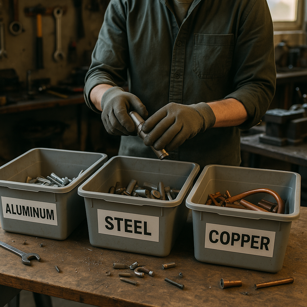 Person wearing gloves sorting different metal types into labeled bins in a garage or workshop setting.
